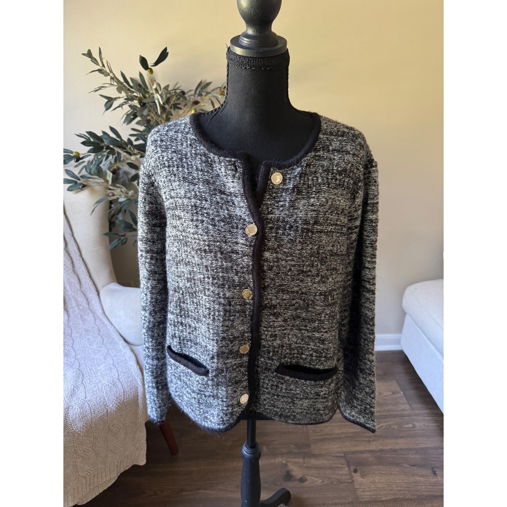 Anne Klein Black White Marled Knit Cardigan Gold Lion Button Sweater Large
